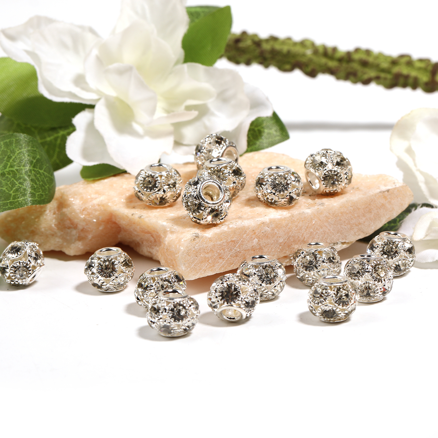 【B61】50pcs 12mm/16mm Crystal & Silver Tone Rhinestone Ball Beads-JPM