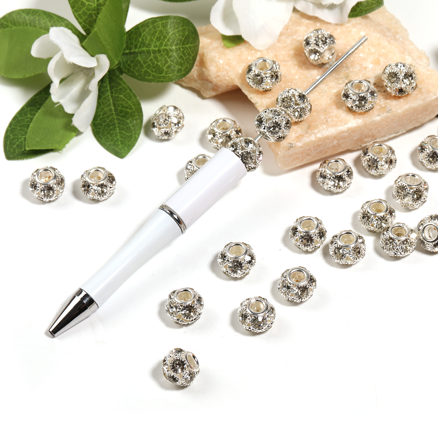 【B61】50pcs 12mm/16mm Crystal & Silver Tone Rhinestone Ball Beads-JPM