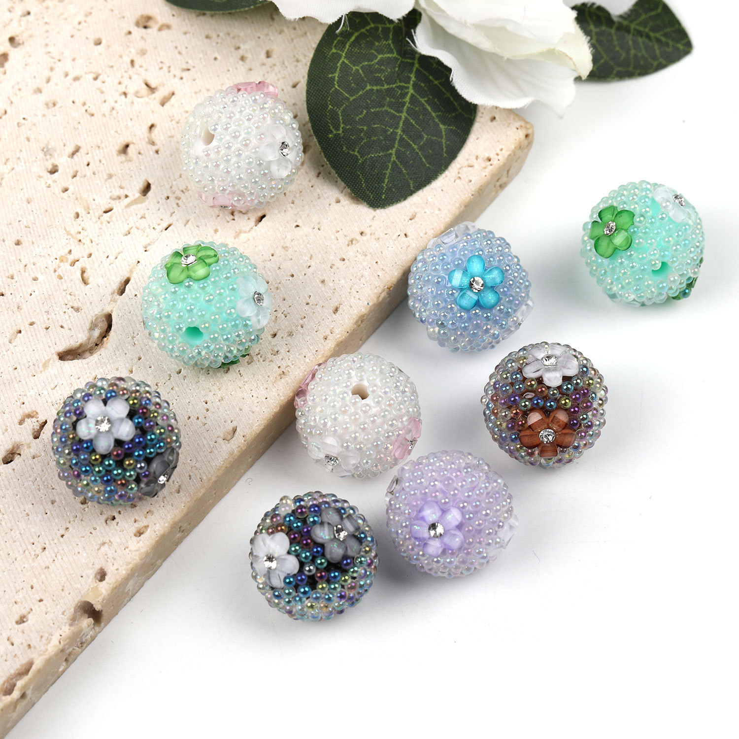 【B78】25pcs  Fancy Multicolor Sparkling Chain Flower Round Sugar Acrylic Beads-JPM