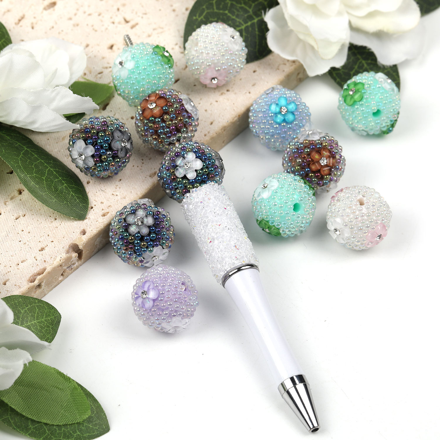 【B78】25pcs  Fancy Multicolor Sparkling Chain Flower Round Sugar Acrylic Beads-JPM