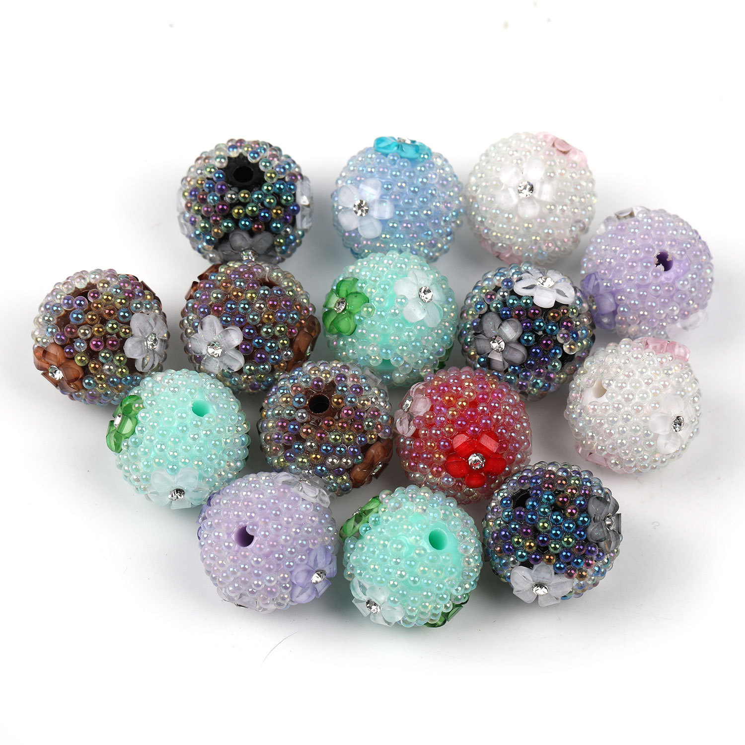 【B78】25pcs  Fancy Multicolor Sparkling Chain Flower Round Sugar Acrylic Beads-JPM