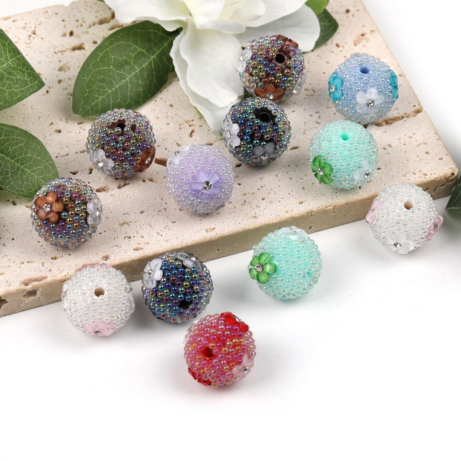 【B78】25pcs  Fancy Multicolor Sparkling Chain Flower Round Sugar Acrylic Beads-JPM