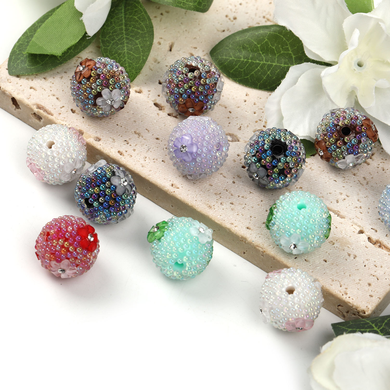 【B78】25pcs  Fancy Multicolor Sparkling Chain Flower Round Sugar Acrylic Beads-JPM