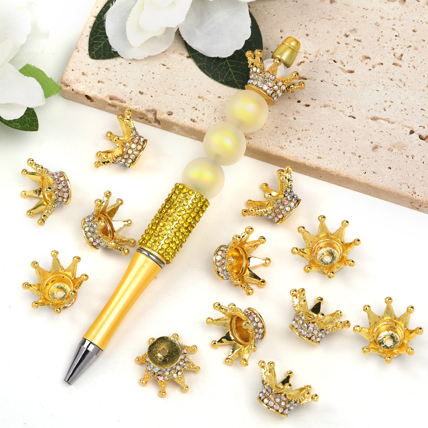 【C20】Crown Charm Spacer Beads Zircon Rhinestone Beads for DIY Bracelet pen Jewelry Making-JPM