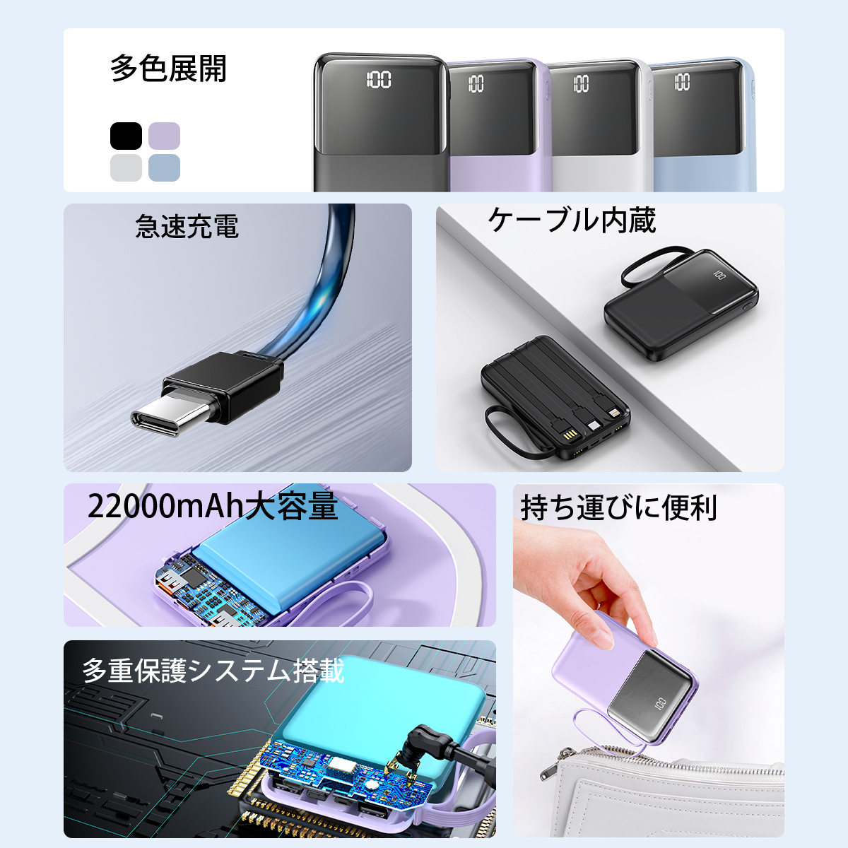 モバイルバッテリー 大容量 小型 22000mAh 軽量 2.1A急速充電 4台同時充電 機内持込可 iPhone17対応 LED残量表示 携帯バッテリー PSE認証 SHRATCH 停電対策
