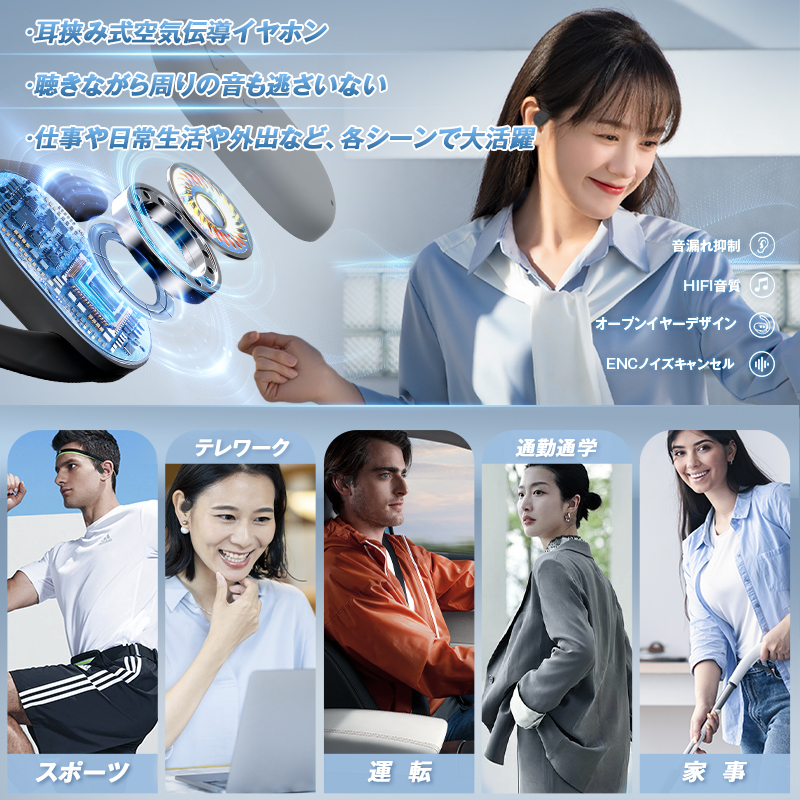  2024最新型 ワイヤレスイヤホン OWS イヤホン bluetooth 5.3 オープンイヤーデザイン ENCノイズキャンセリング 残量表示 タッチ操作 Type‐C急速充電 音漏れ抑制 イヤホン HIFI高音質 自動ペアリング IPX7防水 48時間連続稼働 送料無料