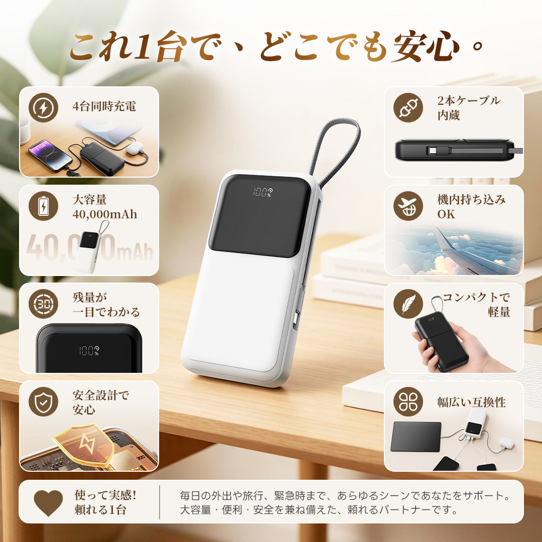 モバイルバッテリー 40000mAh 大容量 軽量 小型 iPhone 対応 ケーブル内蔵 4 台同時 2.1A 急速充電 PSE 認証済 