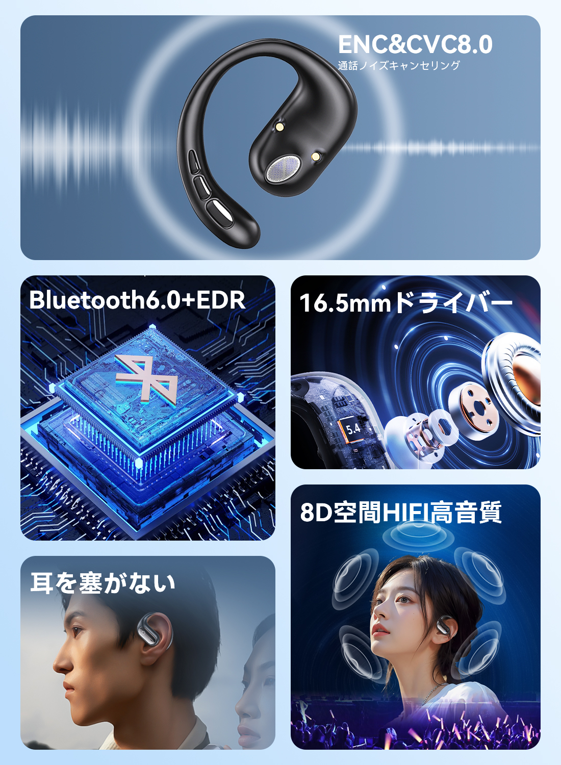 ワイヤレスイヤホン OWS オープンイヤー型イヤホン bluetooth 6.0 Smoatc 耳を塞がないイヤホン 耳掛け式 iPhone17 ノイズキャンセリング マイク付き ENC通話