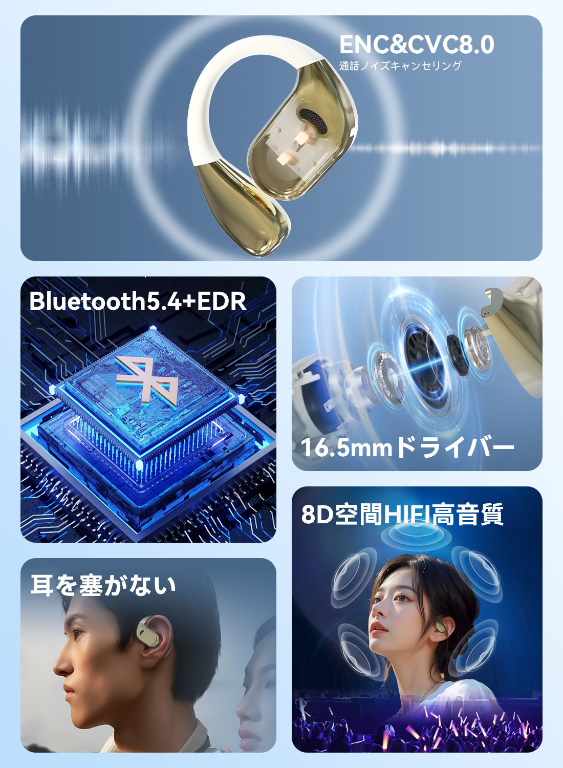 「指向性音伝送技術&8D空間HIFI高音質」ワイヤレスイヤホン OWS オープンイヤー型イヤホン 耳を塞がないイヤホン 耳掛け式 bluetooth5.4 ENC通話ノイズキャンセリング 残量表示 Type‐C急速充電 音漏れ抑制 HIFI高音質 防水 30時間連続稼働
