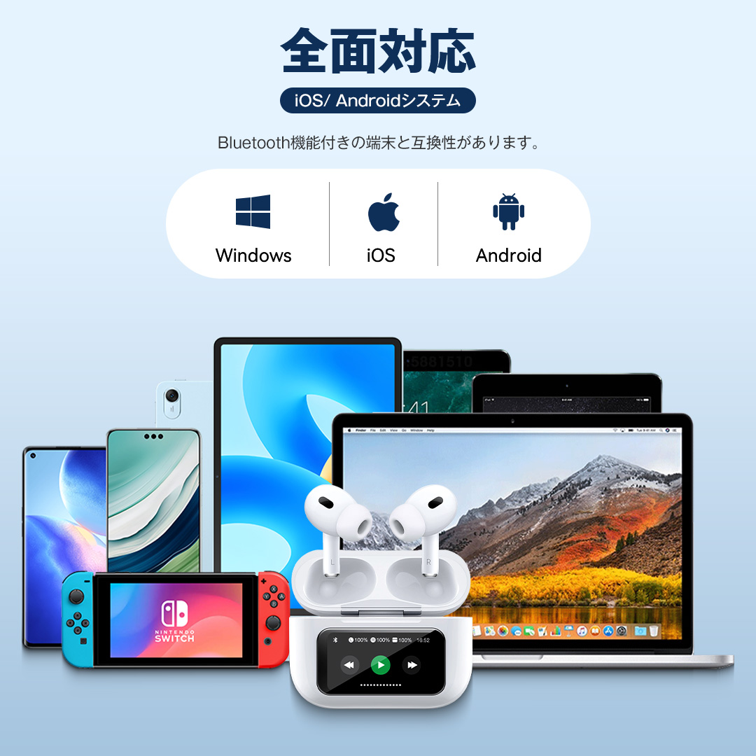 ＼ANC&液晶付きイヤホン！／【LCDタッチパネル搭載】ワイヤレスイヤホン Bluetooth5.4 LCDタッチパネル式 液晶付き AAC ANCノイズキャンセリング Hi-Fi高音質 自動ペアリング 軽量 iPhone iOS Android に対応 Type-C 左右分離型 片耳/両耳 重低音