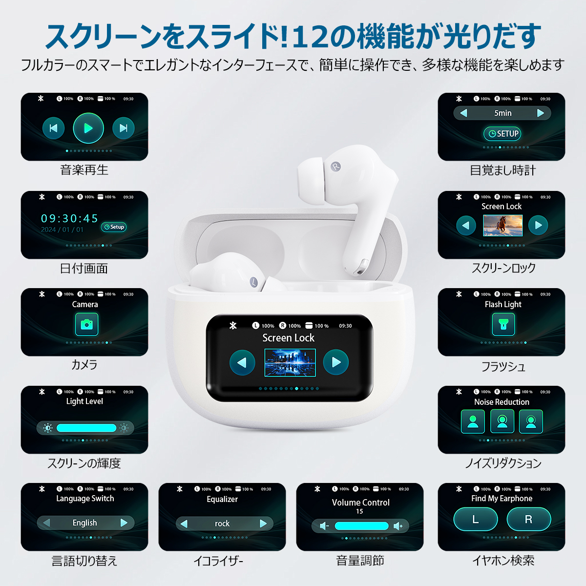 ANC対応・液晶付きイヤホン ワイヤレスイヤホン【2025年新型モデル・多機能タッチスクリーン】イヤホン bluetooth ノイズキャンセリング Bluetooth6.0 自動ペアリング マイク付き ENC通話 HiFi カナル型 LEDディスプレイ 小型