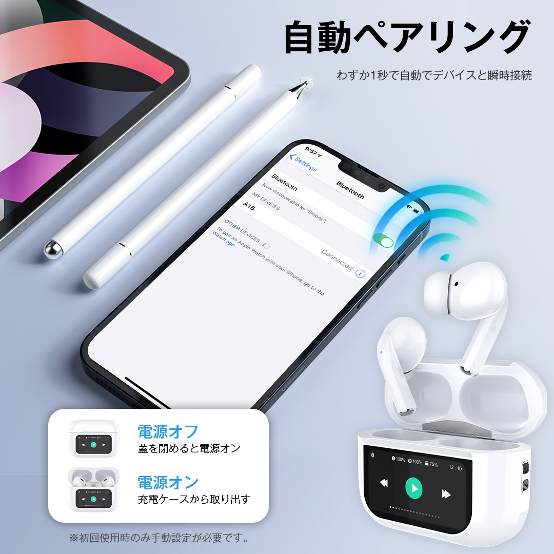 ＼ANC&液晶付きイヤホン！／【LCDタッチパネル搭載】ワイヤレスイヤホン Bluetooth5.4 LCDタッチパネル式 液晶付き AAC ANCノイズキャンセリング Hi-Fi高音質 自動ペアリング 軽量 iPhone iOS Android に対応 Type-C 左右分離型 片耳/両耳 重低音