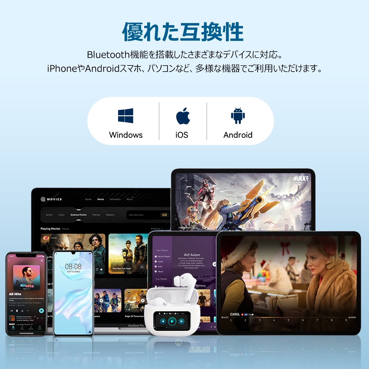 ANC対応・液晶付きイヤホン ワイヤレスイヤホン【2025年新型モデル・多機能タッチスクリーン】イヤホン bluetooth ノイズキャンセリング Bluetooth6.0 自動ペアリング マイク付き ENC通話 HiFi カナル型 LEDディスプレイ 小型