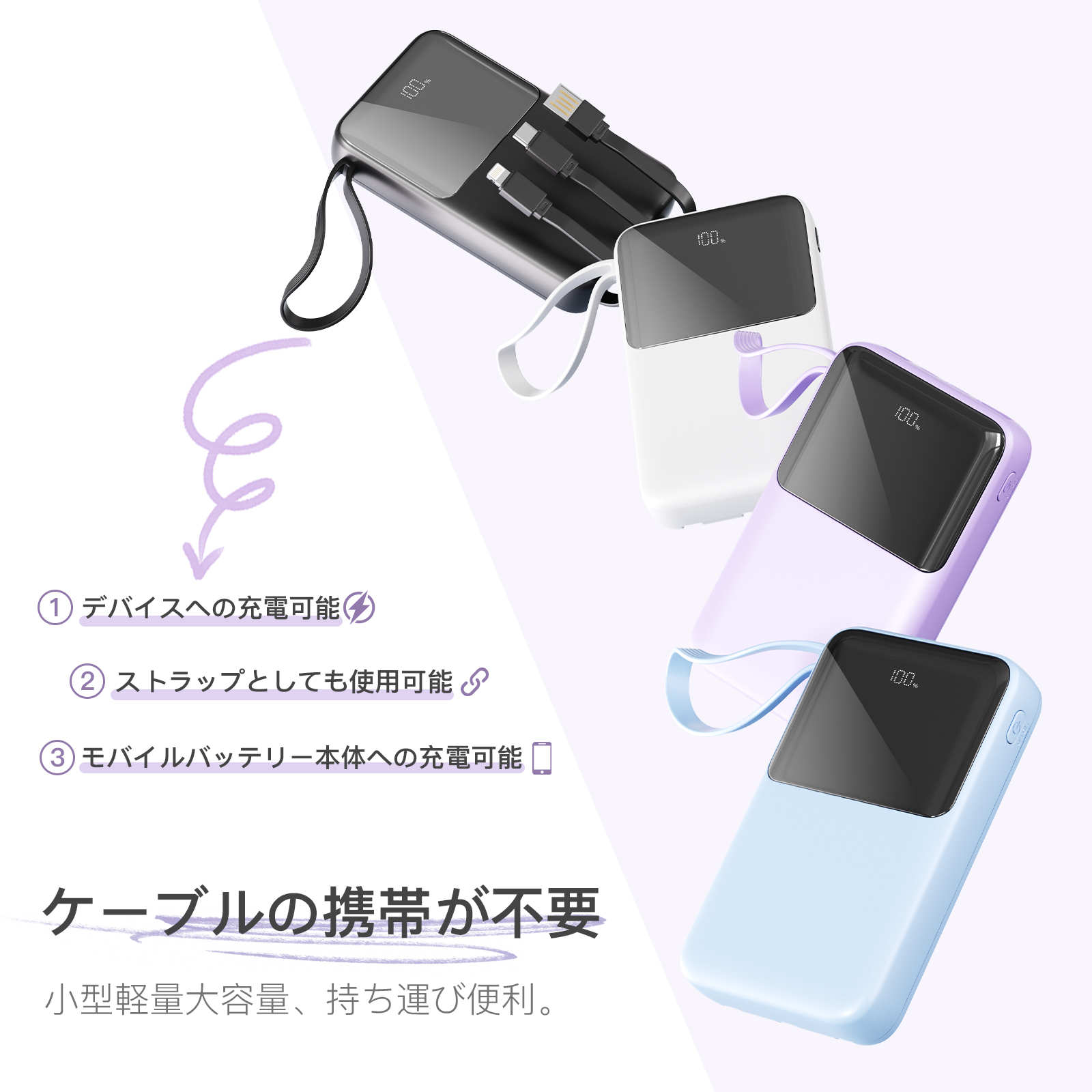 モバイルバッテリー 22000mAh ケーブル付き コンパクト 軽量設計 薄型 軽量 4台同時充電 LED残量表示 機内持ち込 同時みOK PSE認証済み
