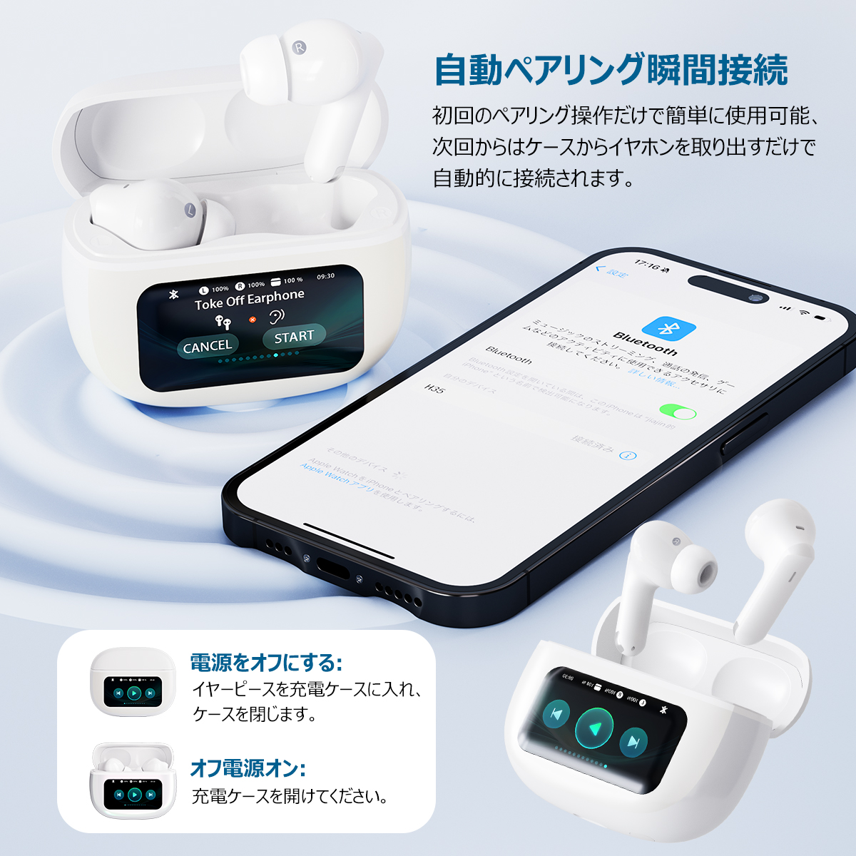 ANC対応・液晶付きイヤホン ワイヤレスイヤホン【2025年新型モデル・多機能タッチスクリーン】イヤホン bluetooth ノイズキャンセリング Bluetooth6.0 自動ペアリング マイク付き ENC通話 HiFi カナル型 LEDディスプレイ 小型