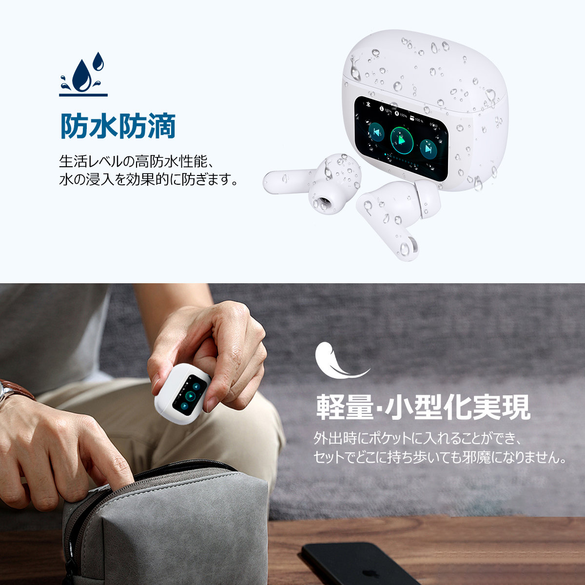 ANC対応・液晶付きイヤホン ワイヤレスイヤホン【2025年新型モデル・多機能タッチスクリーン】イヤホン bluetooth ノイズキャンセリング Bluetooth6.0 自動ペアリング マイク付き ENC通話 HiFi カナル型 LEDディスプレイ 小型