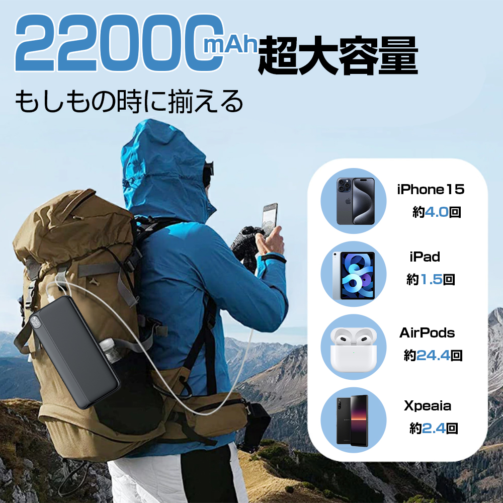 モバイルバッテリー 2.4A急速充電 22000mAh 大容量 小型 軽量 2台同時充電 携帯充電器 LED残量表示 スマホ充電器 携帯バッテリー iphone充電器