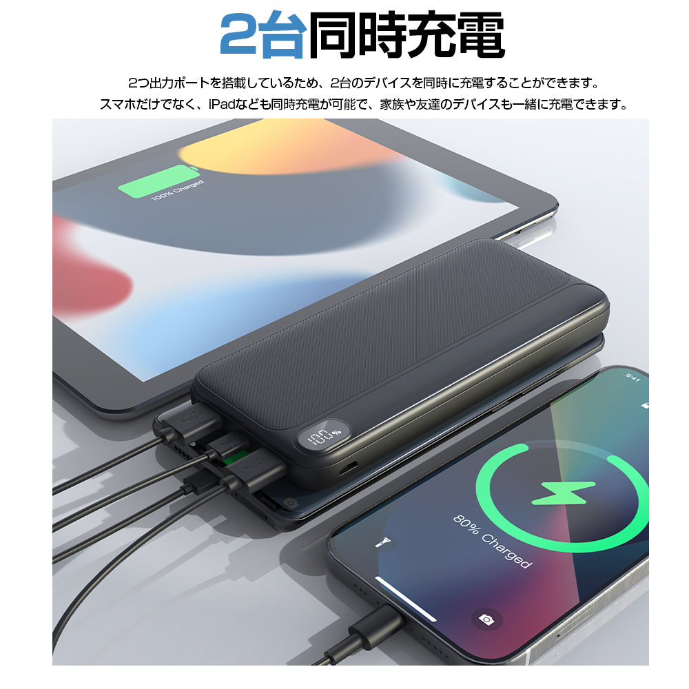 モバイルバッテリー 2.4A急速充電 22000mAh 大容量 小型 軽量 2台同時充電 携帯充電器 LED残量表示 スマホ充電器 携帯バッテリー iphone充電器