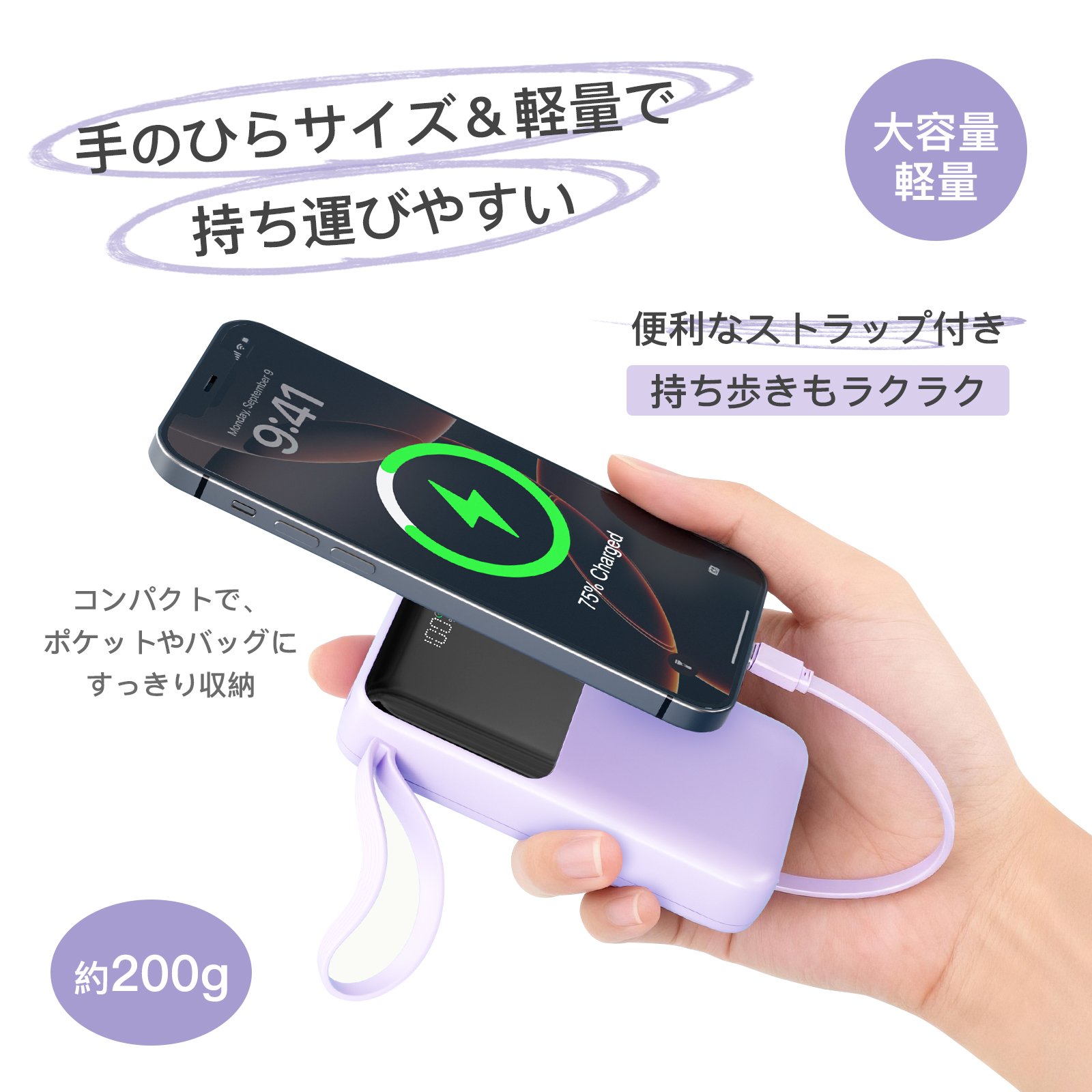 モバイルバッテリー 22000mAh ケーブル付き コンパクト 軽量設計 薄型 軽量 4台同時充電 LED残量表示 機内持ち込 同時みOK PSE認証済み