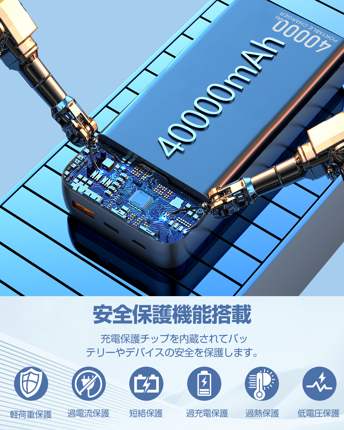 モバイルバッテリー ケーブル内蔵 大容量 iphone 40000mAh 残量表示 22.5w LED付き iphone ケーブル 内蔵 Lightning Type-c コネクター内蔵 軽量 小型 かわいい 超コンパクトiPhone/iPad/Android 全機種対応 PSE認証済 iphone 充電器 持ち運び 急速充電