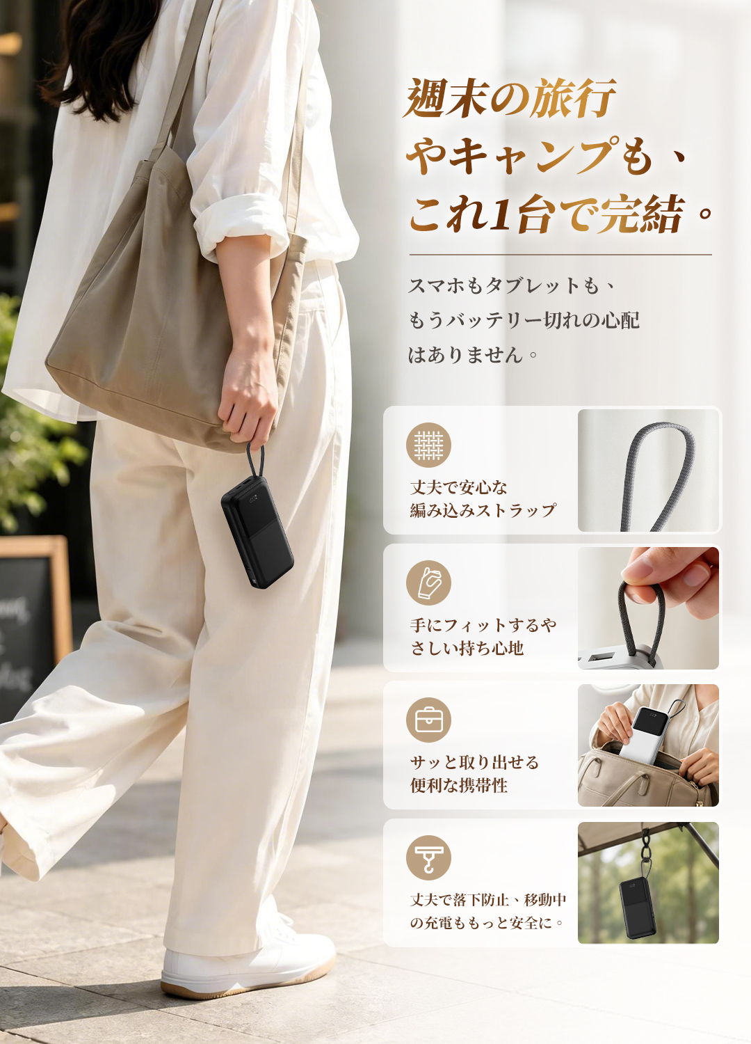 モバイルバッテリー 40000mAh 大容量 軽量 小型 iPhone 対応 ケーブル内蔵 4 台同時 2.1A 急速充電 PSE 認証済 