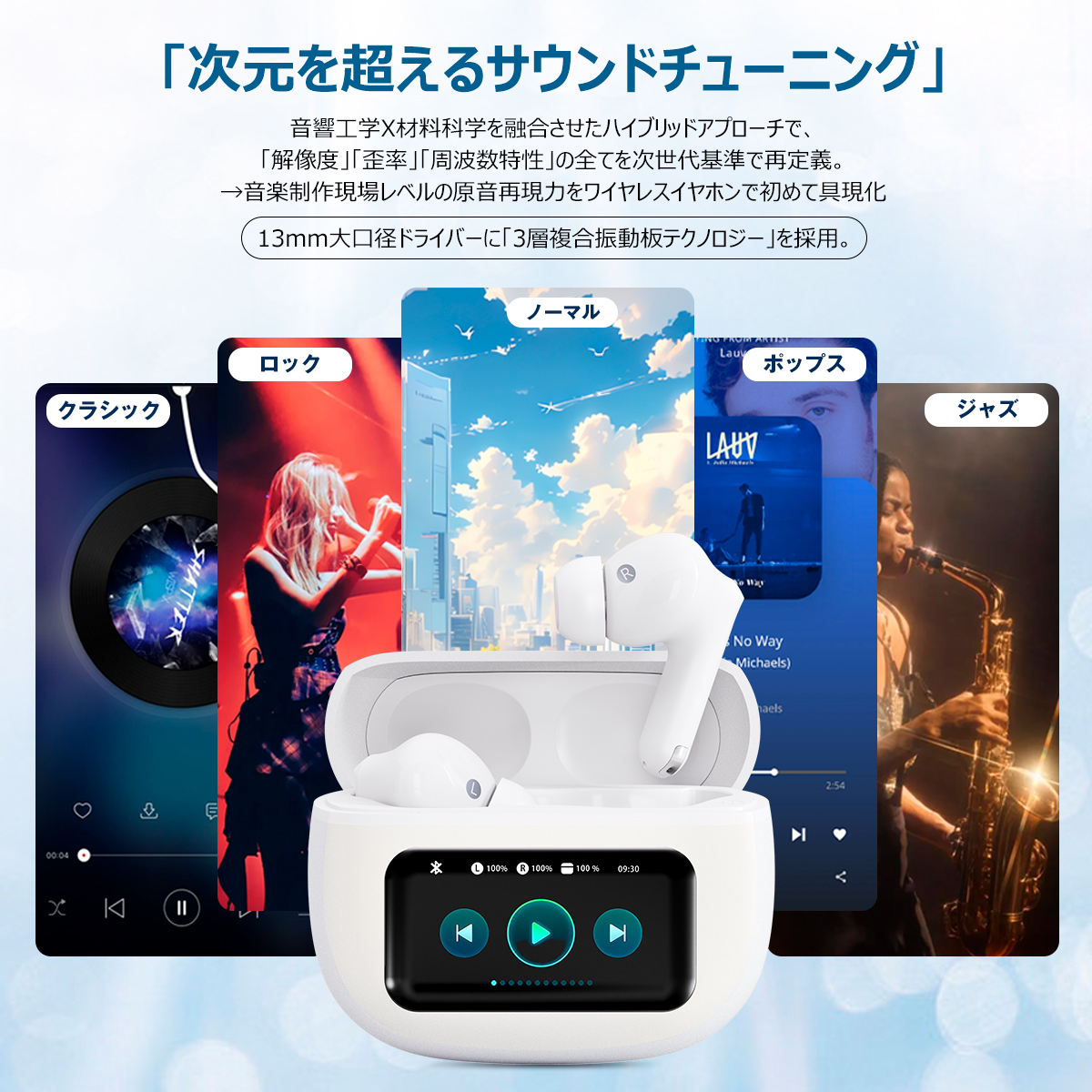 ANC対応・液晶付きイヤホン ワイヤレスイヤホン【2025年新型モデル・多機能タッチスクリーン】イヤホン bluetooth ノイズキャンセリング Bluetooth6.0 自動ペアリング マイク付き ENC通話 HiFi カナル型 LEDディスプレイ 小型