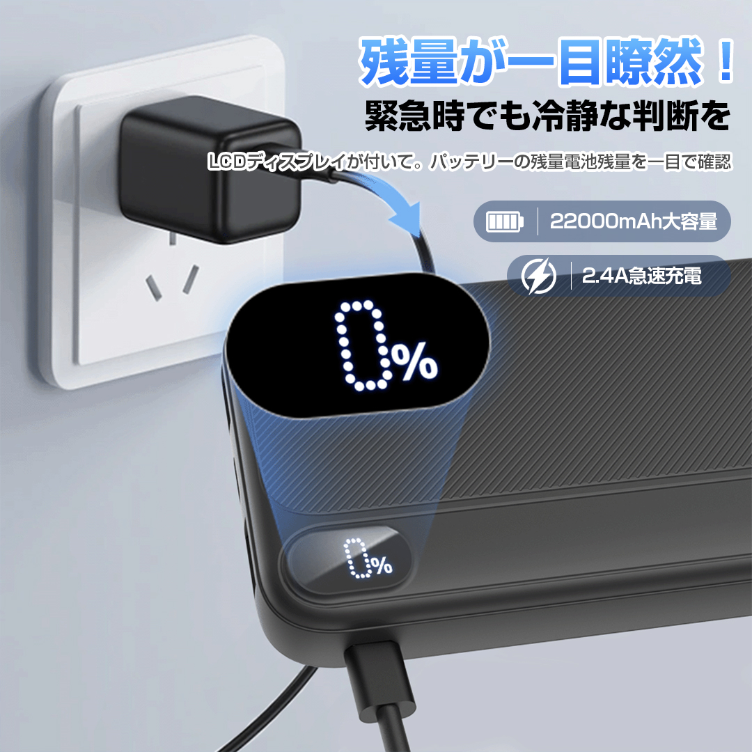 【22000mAh大容量】モバイルバッテリー 22000mAh 大容量 小型 軽量 3台同時充電 携帯充電器 充電器 iPhone/Type-C 22.5W急速充電 LEDデジタル表示 電気毛布 ハンディ扇風機 iPhone/Android 全機種対応 軽量設計 防災グッズ 旅行/外出用 通勤/通学/出張