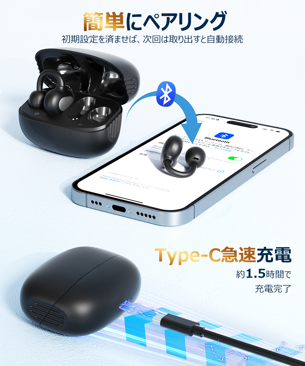 イヤホン Bluetooth【2025革新イヤーカフ型 音質特化モデル 究極フィット感】 ワイヤレスイヤホン Bluetooth5.4 耳挟み式 圧迫感ゼロ 業界トップ音質 骨伝導の革新 残量表示 通話ノイズキャンセル 指向性音伝送技術 音漏れ抑制 軽い着装 落ちにくい 最大40時間連続再生 自動ペアリング Type-C急速充電 iOS/Android対応