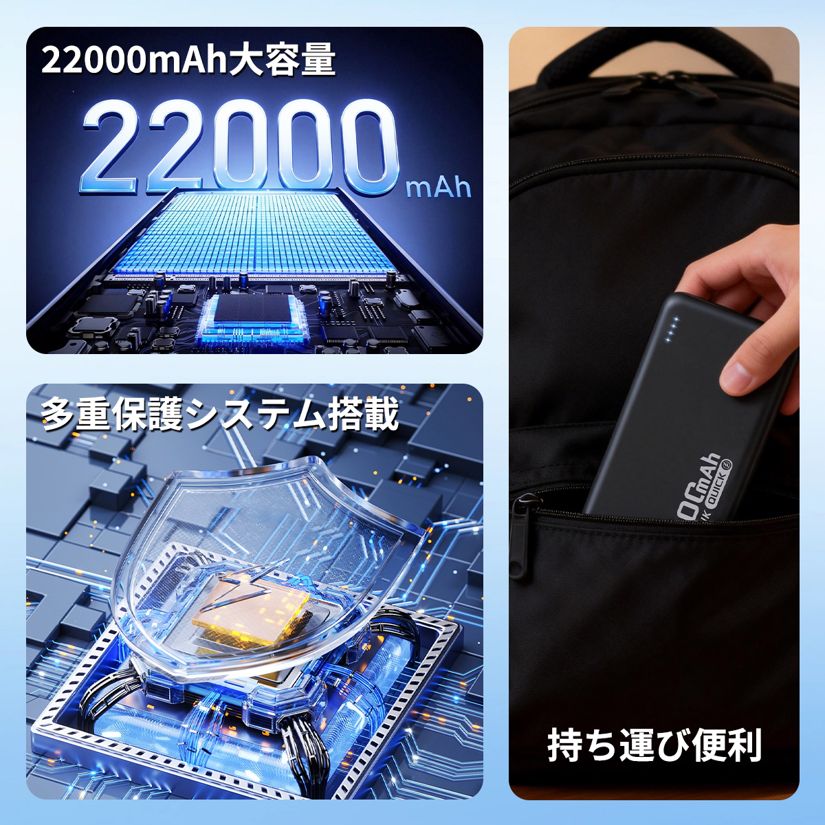 モバイルバッテリー 大容量 小型 22000mAh 軽量 2.4A急速充電 3台同時充電 機内持込可 iPhone17対応 残量表示 携帯バッテリー PSE認証 SHRATCH 停電対策