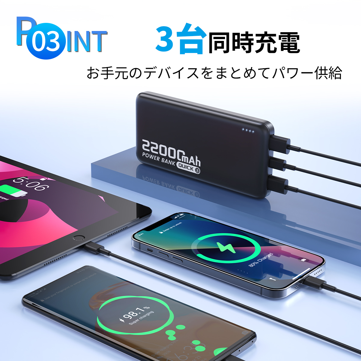 モバイルバッテリー 大容量 小型 22000mAh 軽量 2.4A急速充電 3台同時充電 機内持込可 iPhone17対応 残量表示 携帯バッテリー PSE認証 SHRATCH 停電対策