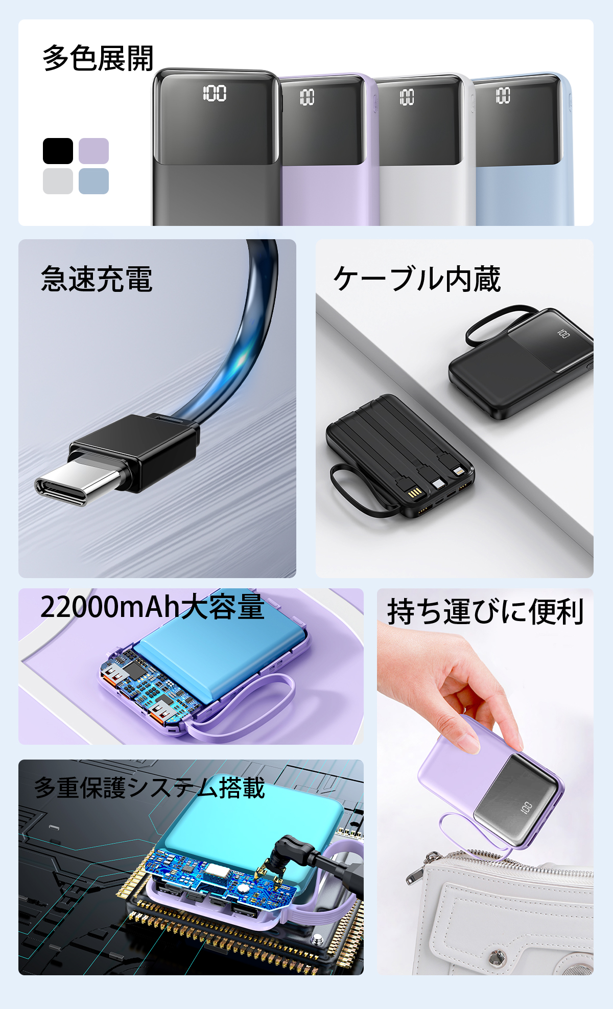 モバイルバッテリー 大容量 小型 2.1A急速充電 22000mAh 軽量 4台同時充電 機内持込可 iPhone17対応 LED残量表示 携帯バッテリー PSE認証 停電対策