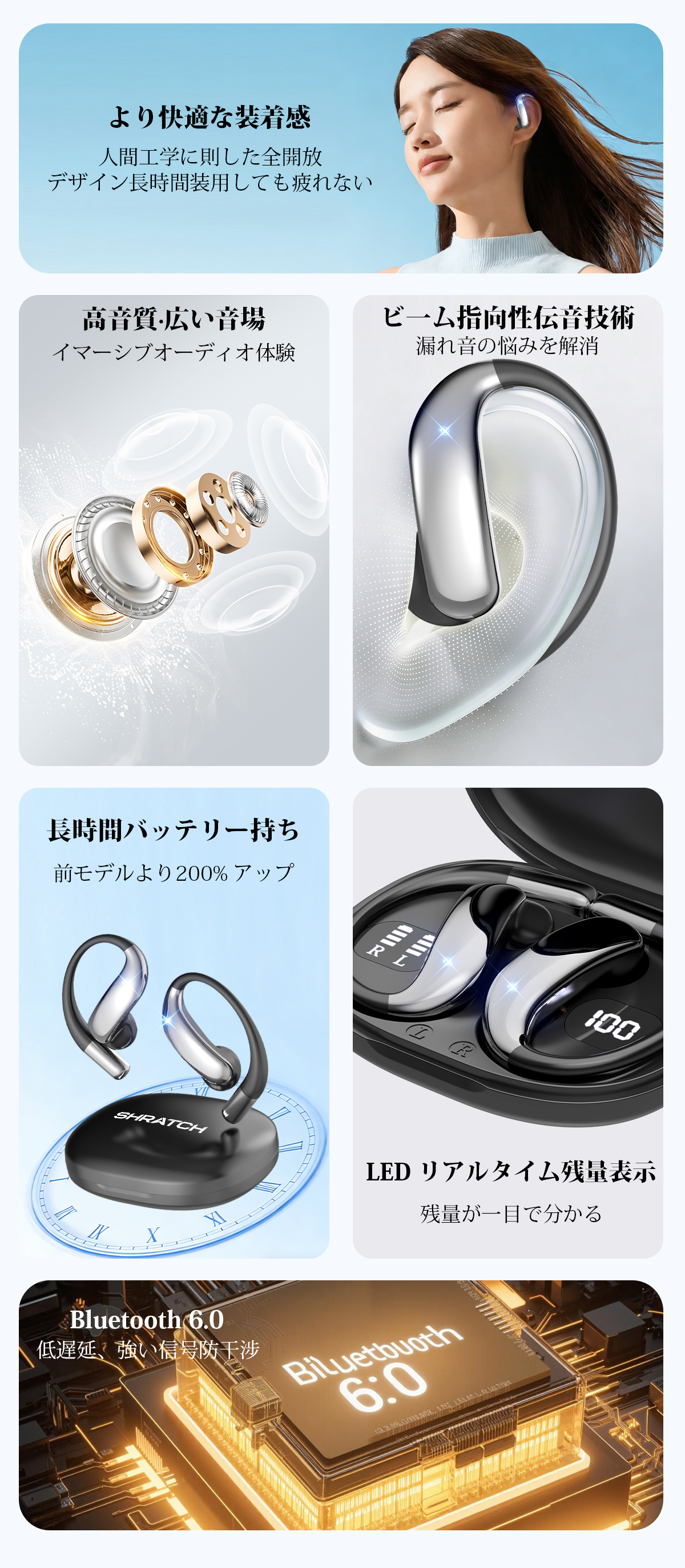 ワイヤレスイヤホン 骨伝導 イヤホン bluetoothイヤホン SHRATCH オープンイヤー型 耳を塞がない 耳掛け式 イヤフォン 残量表示 音漏れ抑制 急速充電