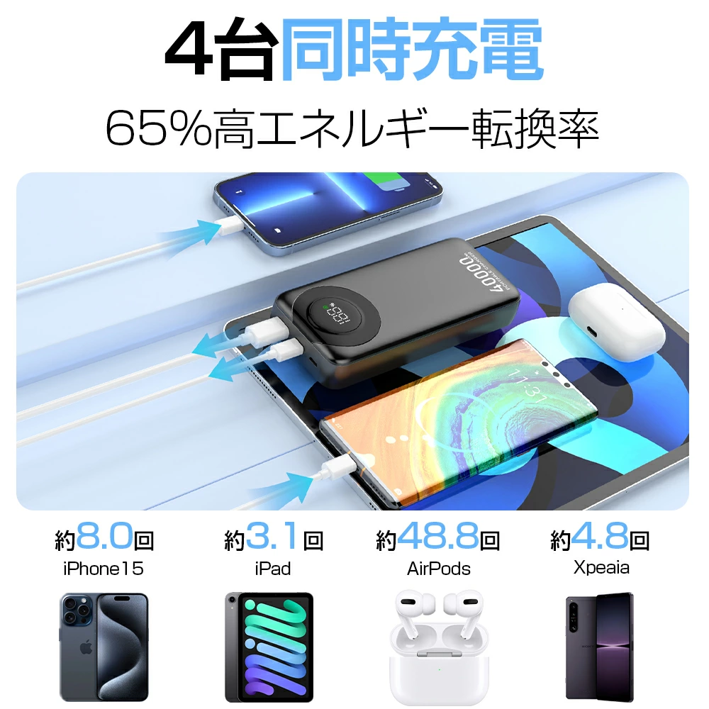 モバイルバッテリー 40000mAh大容量 PD 22.5W急速充電 4台同時充電 LED残量表示 薄型 軽量 小型 コンパクト 持ち運び便利 2種ケーブル内蔵 Type-C＆Lightning