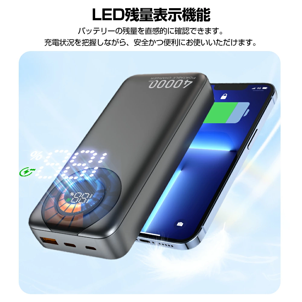 モバイルバッテリー 40000mAh大容量 PD 22.5W急速充電 4台同時充電 LED残量表示 薄型 軽量 小型 コンパクト 持ち運び便利 2種ケーブル内蔵 Type-C＆Lightning
