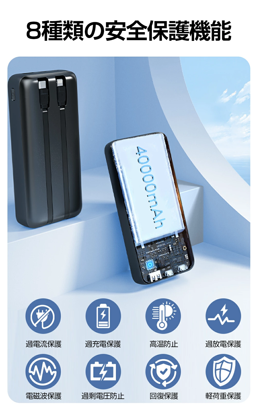 モバイルバッテリー 40000mAh大容量 PD 22.5W急速充電 4台同時充電 LED残量表示 薄型 軽量 小型 コンパクト 持ち運び便利 2種ケーブル内蔵 Type-C＆Lightning