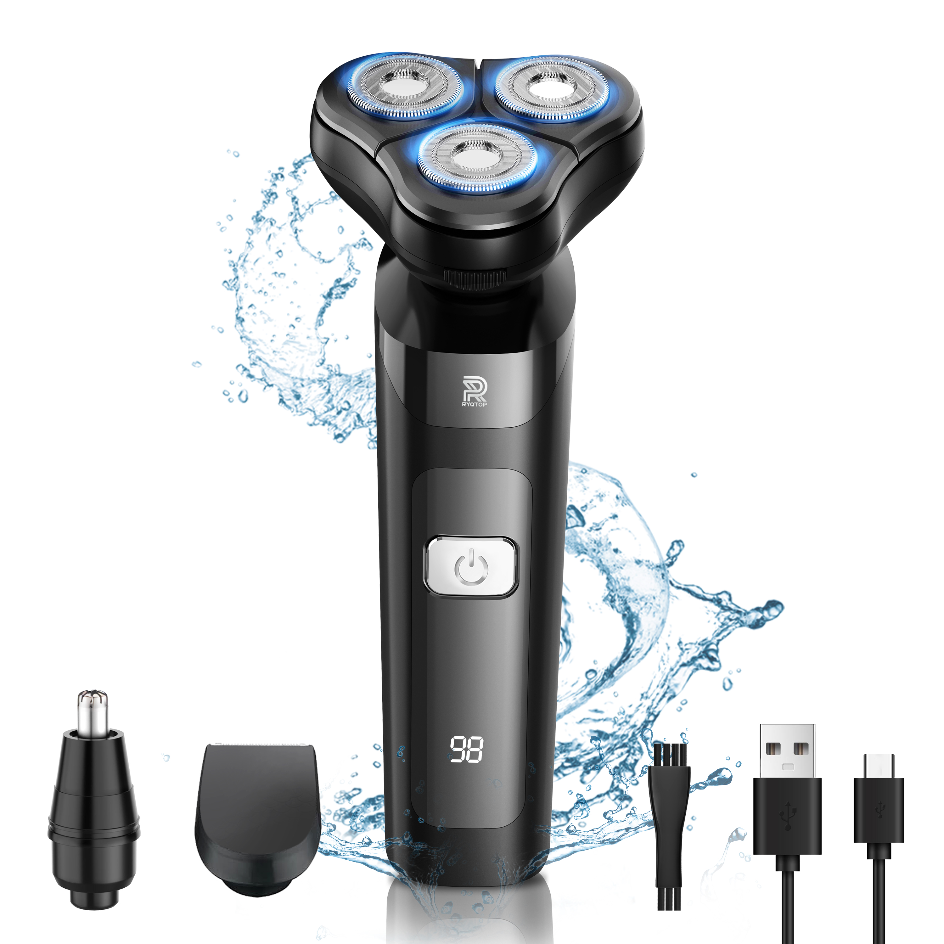 シェーバー メンズ 髭剃り 多機能シェーバー 3IN1 電気シェーバー ひげそり 電動ひげそり 回転式 3枚刃 LCD電池残量表示 防水 type-c充電 ロック機能 トリマー刃
