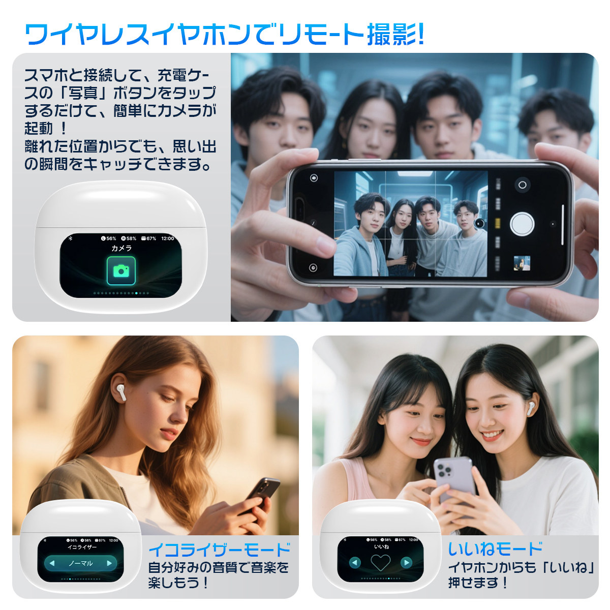 ワイヤレスイヤホン bluetoothイヤホン 液晶付き 残量表示 Bluetooth6.0 ANC対応 イヤホン ノイズキャンセリング 自動ペアリング 60H連続再生 HiFi高音質 Type‐C急速充電 LEDディスプレイ IPX7防水 マイク内蔵 iPhone/Android 旅行/出張 Siri対応