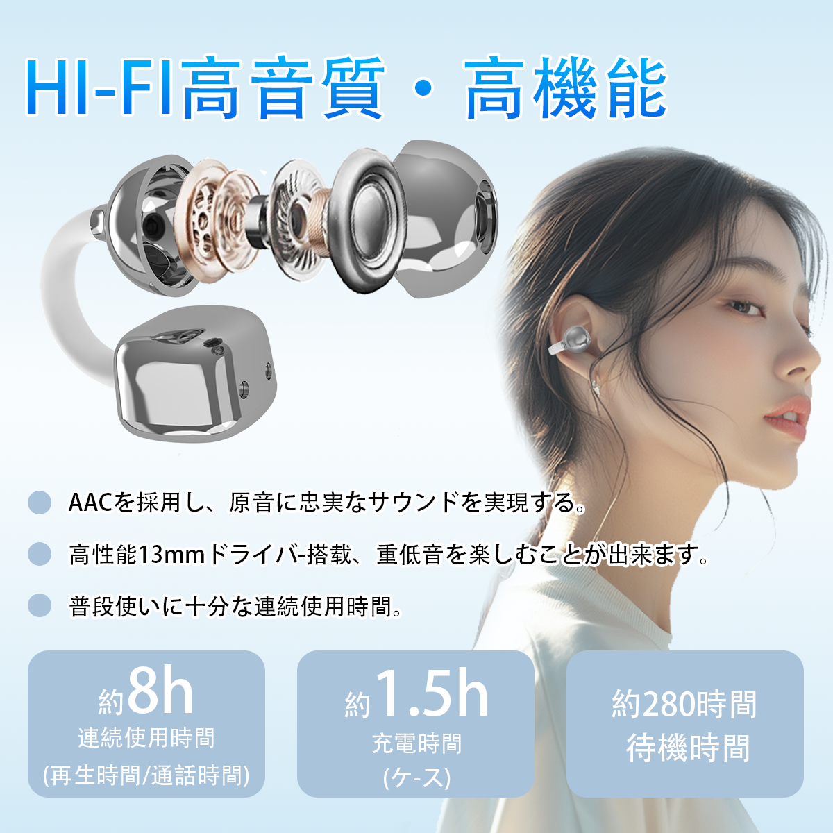 ワイヤレスイヤホン イヤーカフ bluetoothイヤホン 骨伝導イヤホン 装着感ゼロ Bluetooth6.0 残量表示 AAC高音質 イヤホン 液晶付き 60H連続再生 HiFi LEDディスプレイ 耳挟み式 自動ペアリング Type‐C急速充電 マイク付き Siri対応
