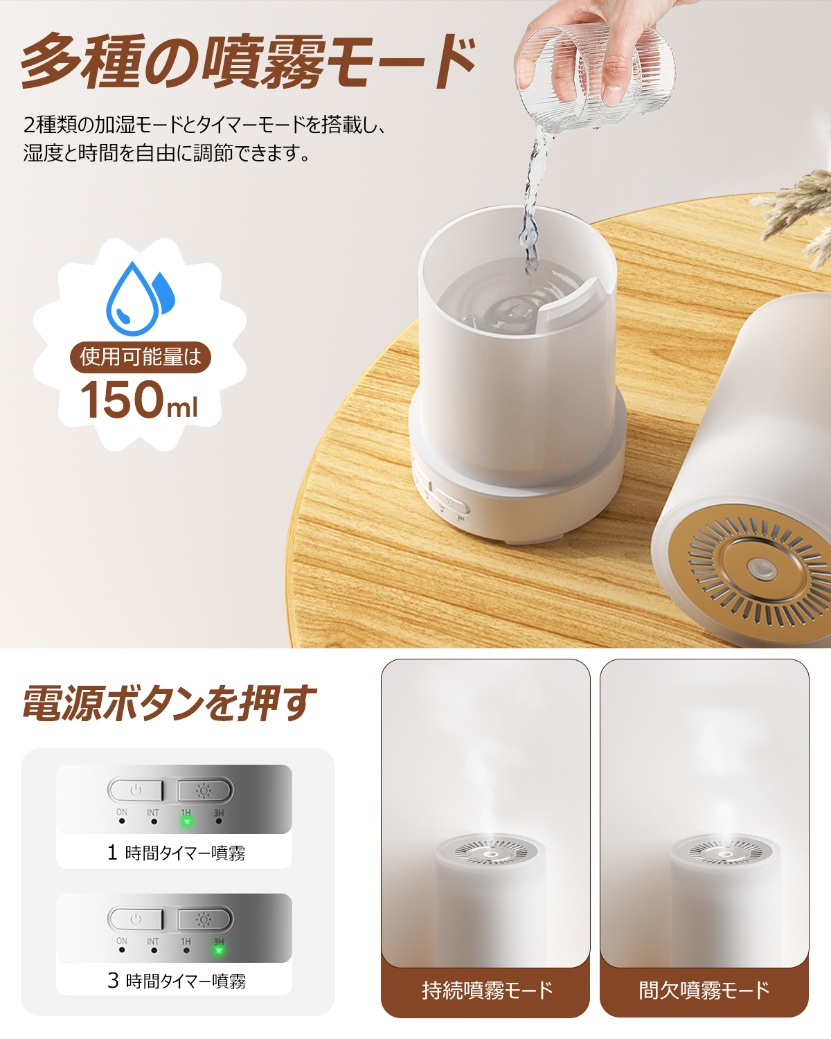 加湿器 超音波式 小型 噴霧式 アロマ加湿器 寝室 車用 卓上 除菌 タイマー 空気清浄機 超静音 150ml 持ち運び便利 コンパクト おしゃれ 花粉対策 乾燥対策 冬
