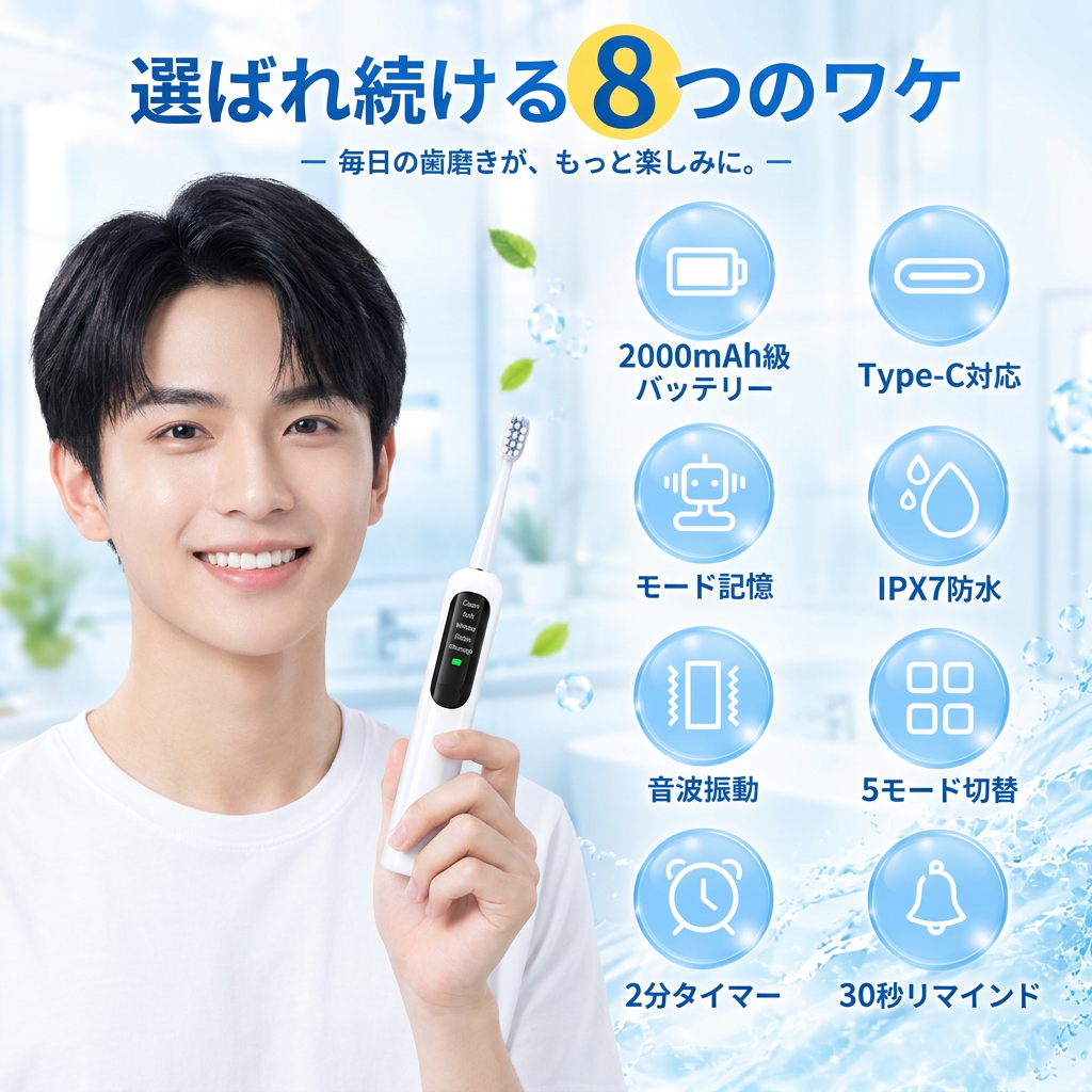 電動歯ブラシ 音波歯ブラシ 虫歯予防 歯周病予防 歯垢除去 歯磨き usb充電式 替えブラシ付き 5つモード 大人 高速振動 静音設計 IPX7防水 水洗い