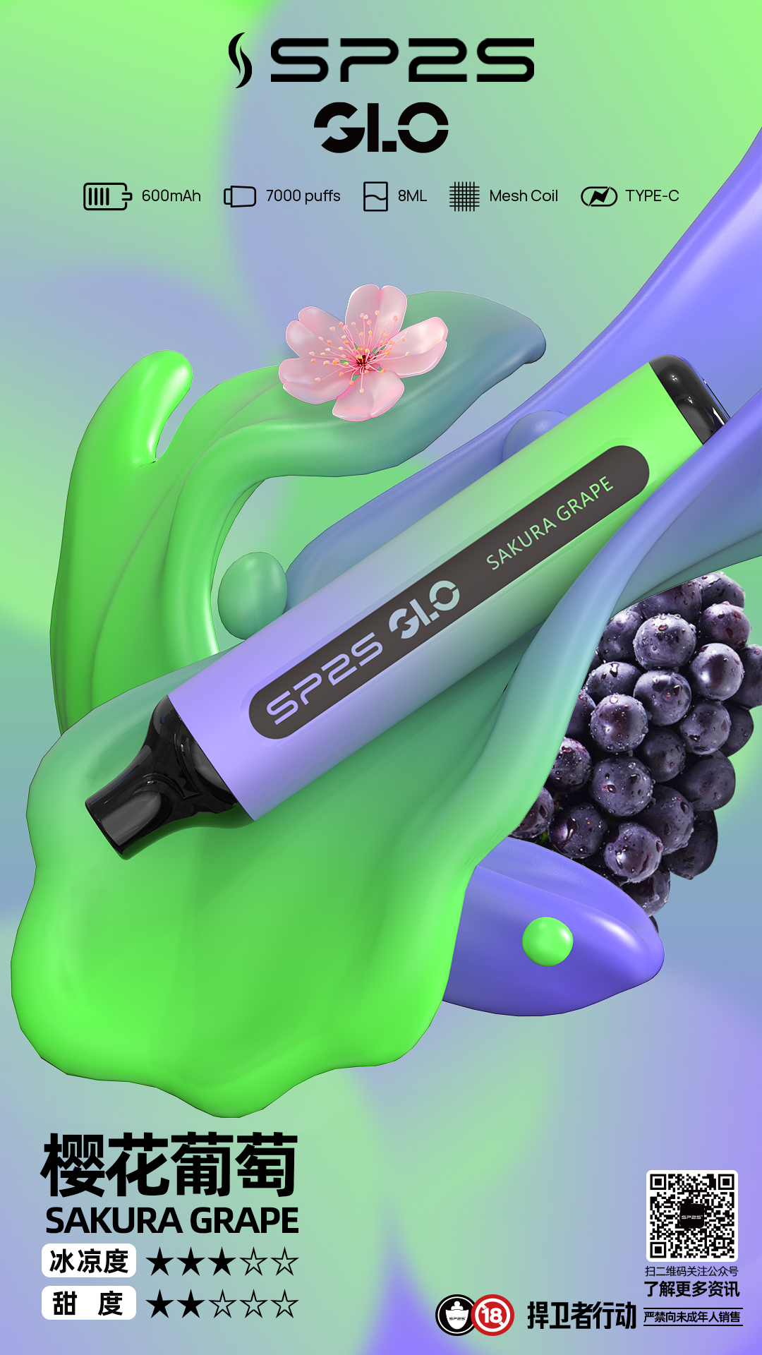 SP2S GLO 7000口 抛棄式/一次性電子煙 | 15種口味 現貨