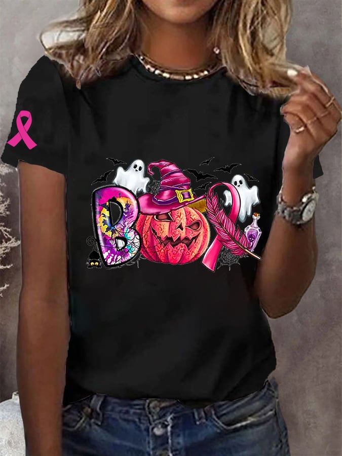 Women's Breast Cancer Awareness Halloween Boo Scare Away Breast Cancer Pink  Pink Ribbon  Casual Tee