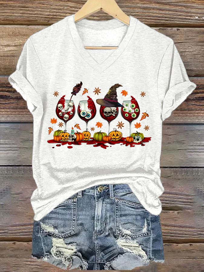Women's Halloween Red Wine Printed Casual T-shirt