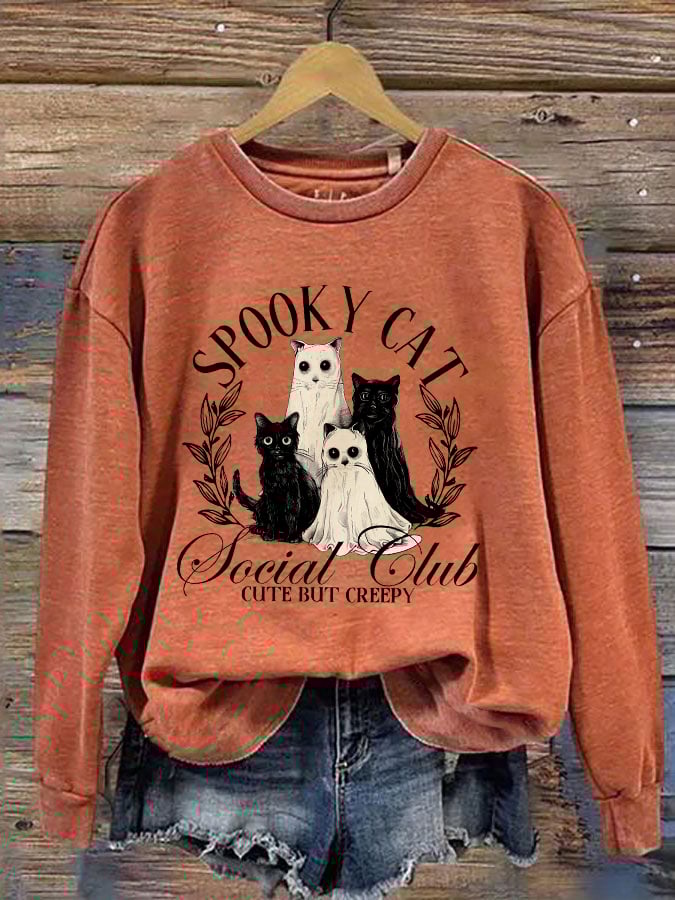 Women's Spooky Cat Print Crew Neck Sweatshirt