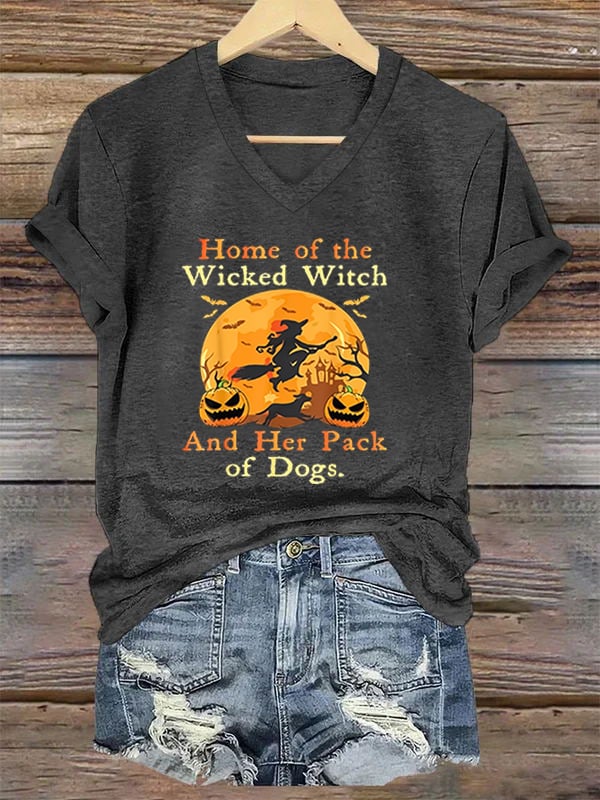 Home Of The Wicked Witch And Her Pack Of Dogs Print V Neck T-Shirt