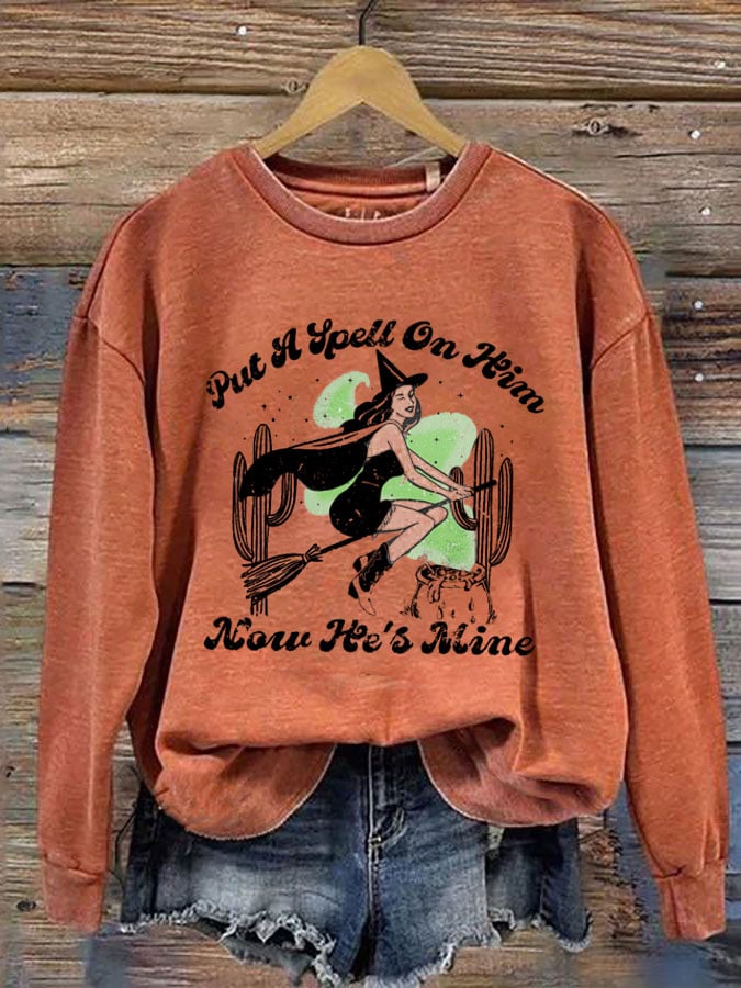 Women's Halloween Put A Spell On Him Now He's Mine Witch Print Crew Neck Sweatshirt