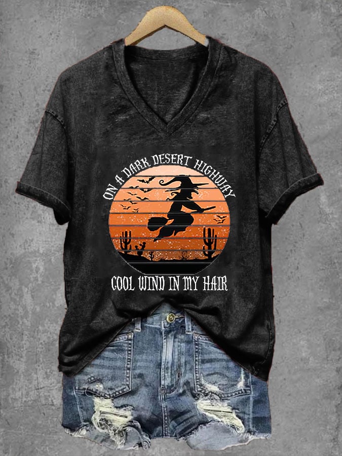 Women's Halloween On A Dark Desert Highway Cold Wind In My Hair  V-Neck Tee