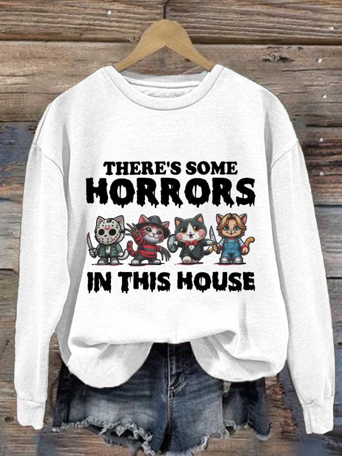 Women's There'S Some Horrors, Halloween Cat Print Long Sleeve Sweatshirt