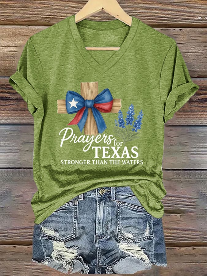V-Neck Retro Texas Strong Prayers For Texas Stronger Than The Waters Print T-Shirt