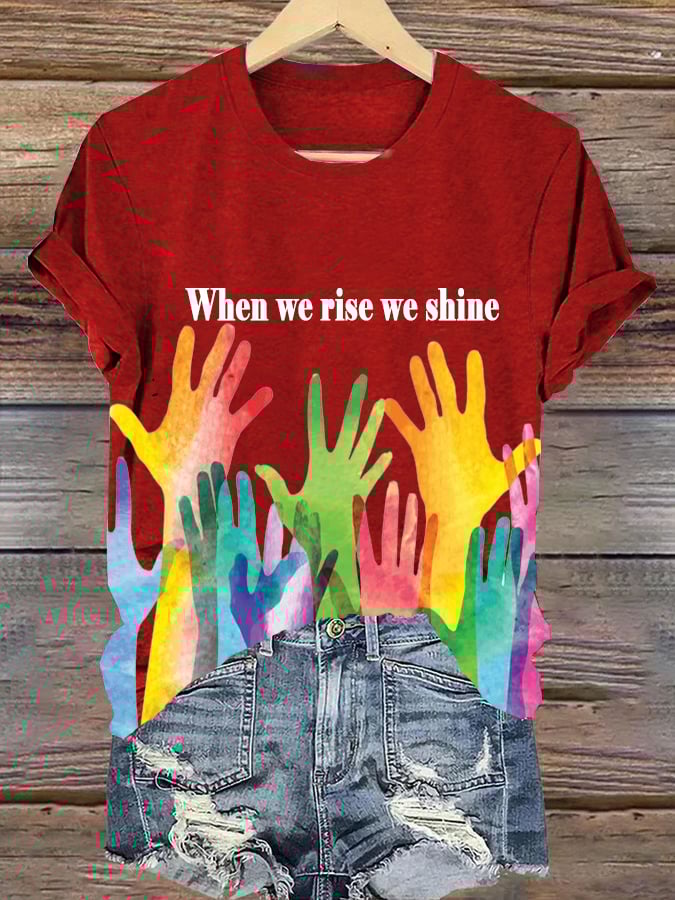 Women's When We Rise We Shine Printed V-Neck Short-Sleeved T-Shirt